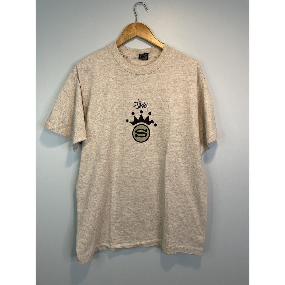 Vintage Stussy 80’s GREY Single Stitch T-Shirt Front Back Center Logo NOS SZ L